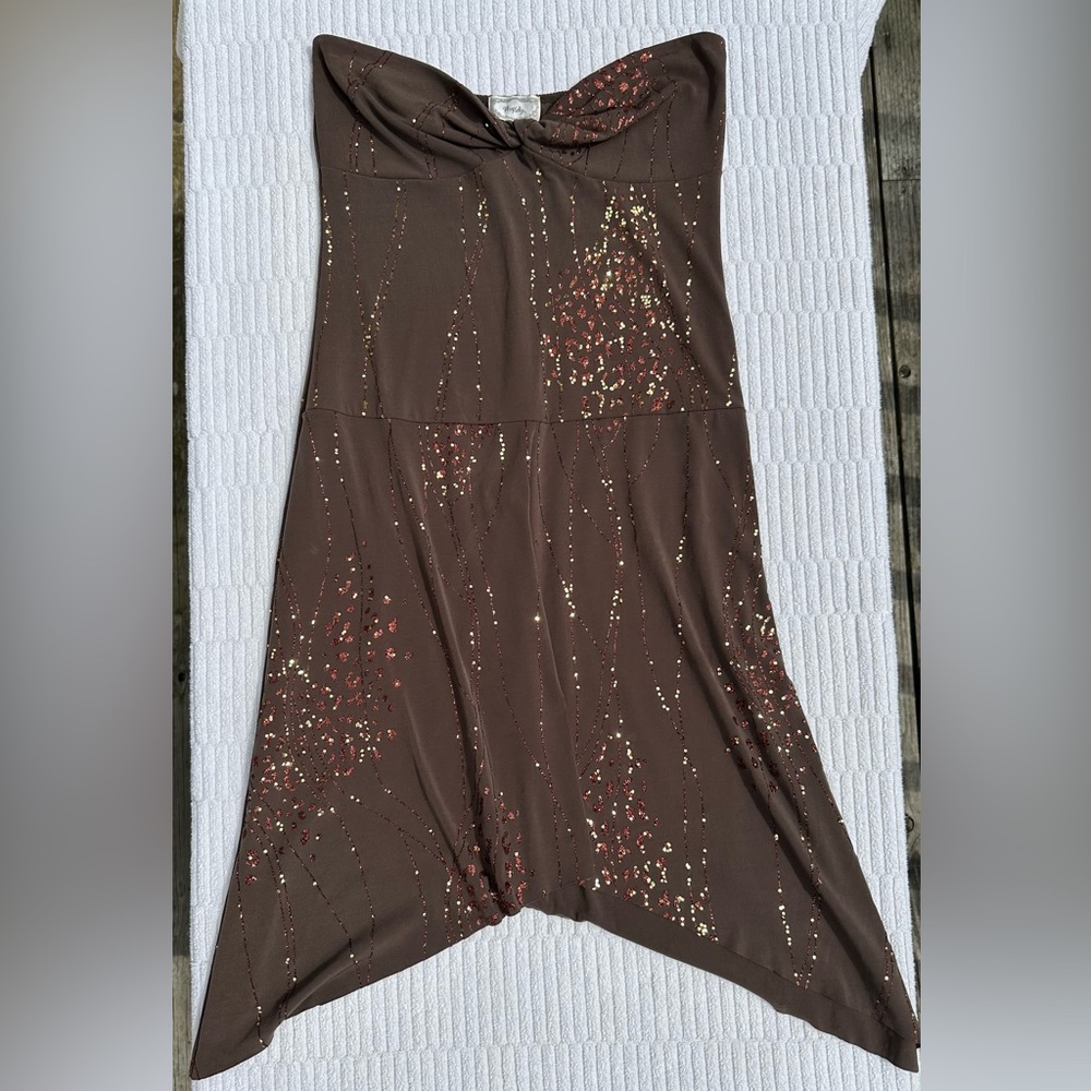 Sequin Strapless Asymmetrical Bronze Goddess Dress L Rhapsody Serious Moonlight